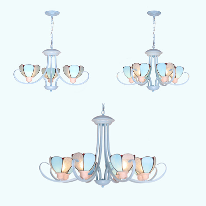Lustre en pétales de verre teinté avec chaîne suspendue - Bleu 3/6/8 lumières - Plafonnier moderne pour hall
