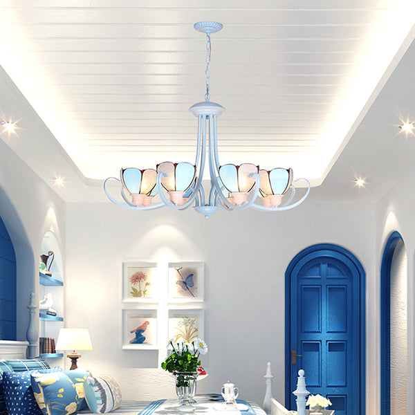 Lustre en pétales de verre teinté avec chaîne suspendue - Bleu 3/6/8 lumières - Plafonnier moderne pour hall