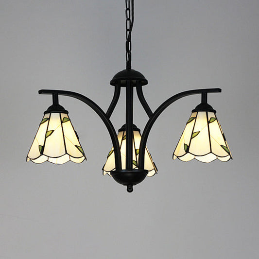 Rustic Black Chandelier Lighting with Blue/Green Leaf Design - 3 Lights, 16" Metal Chain Hang Light