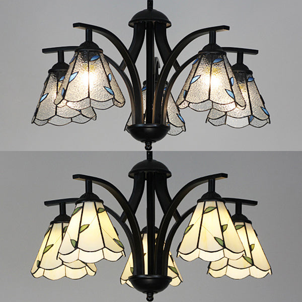 Stained Glass Leaf Chandelier with Adjustable Chain and Blue/Green Pendant