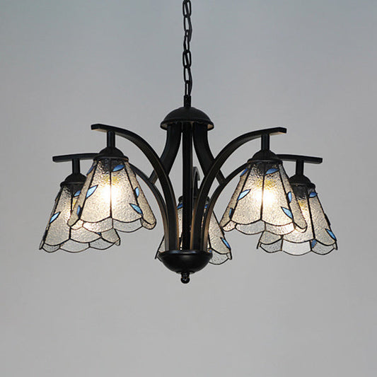 Stained Glass Leaf Chandelier with Adjustable Chain and Blue/Green Pendant