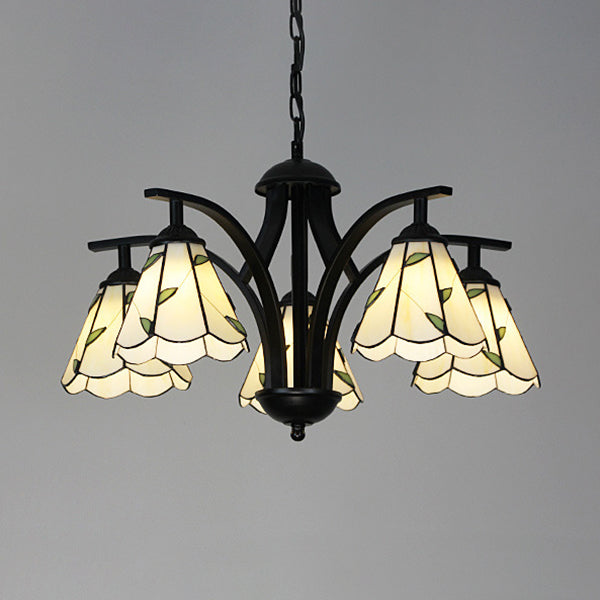 Stained Glass Leaf Chandelier with Adjustable Chain and Blue/Green Pendant