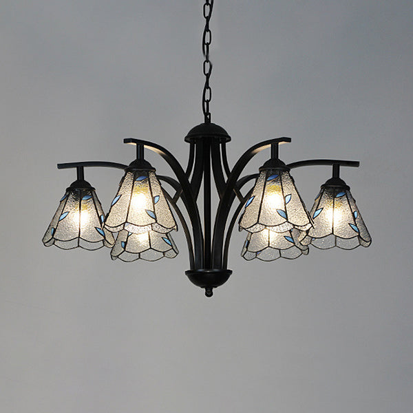 Rustic Stained Glass Chandelier with Leaf Design in Green/Blue - 6 Light Cone Hanging Fixture in Black Finish