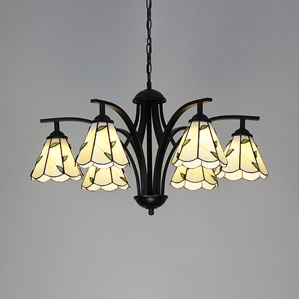 Rustic Stained Glass Chandelier with Leaf Design in Green/Blue - 6 Light Cone Hanging Fixture in Black Finish