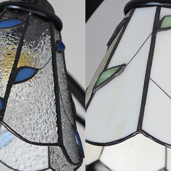 Rustic Stained Glass Chandelier with Leaf Design in Green/Blue - 6 Light Cone Hanging Fixture in Black Finish