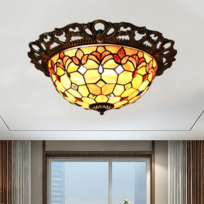 Mediterranean Shell Beaded Flush Light - Brass Flushmount with 3 Lights for Bedroom