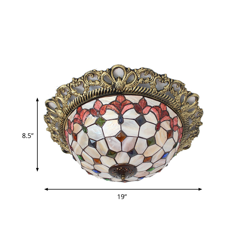 Mediterranean Shell Beaded Flush Light - Brass Flushmount with 3 Lights for Bedroom