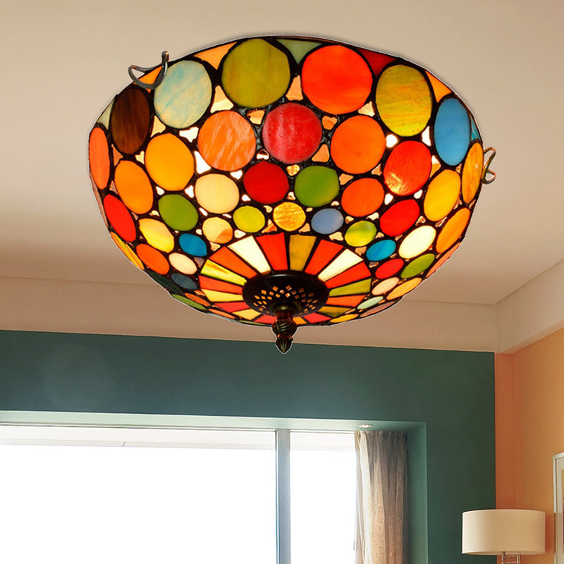 Tiffany Style Red Flushmount Bedroom Light Fixture - 2/3 Lights, Dome Stained Glass Shade, 12"/16" Wide