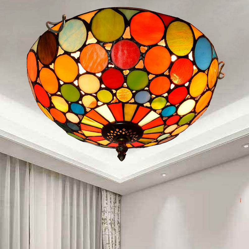 Tiffany Style Red Flushmount Bedroom Light Fixture - 2/3 Lights, Dome Stained Glass Shade, 12"/16" Wide