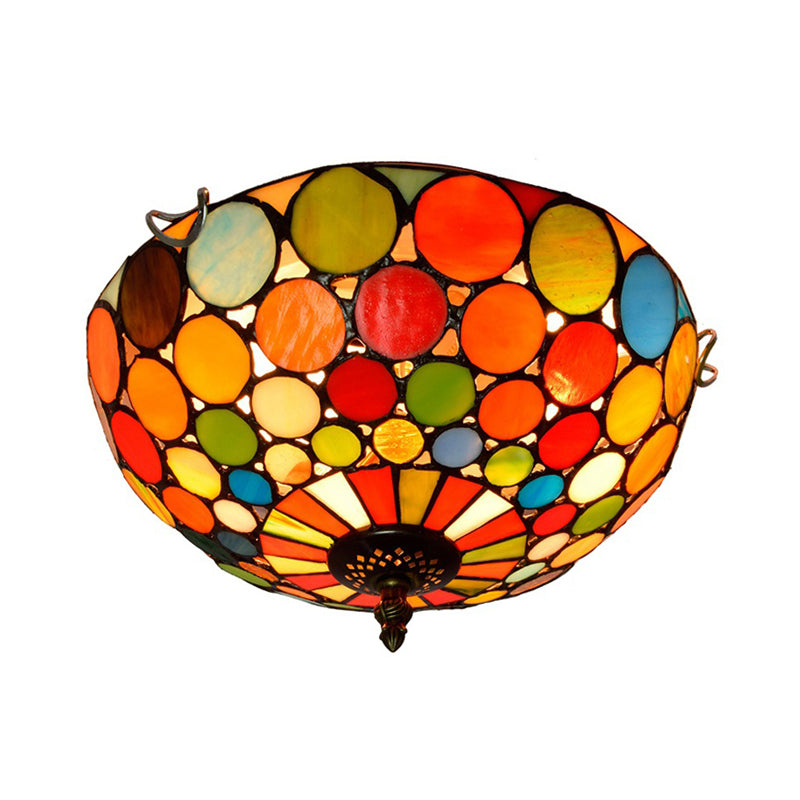 Tiffany Style Red Flushmount Bedroom Light Fixture - 2/3 Lights, Dome Stained Glass Shade, 12"/16" Wide
