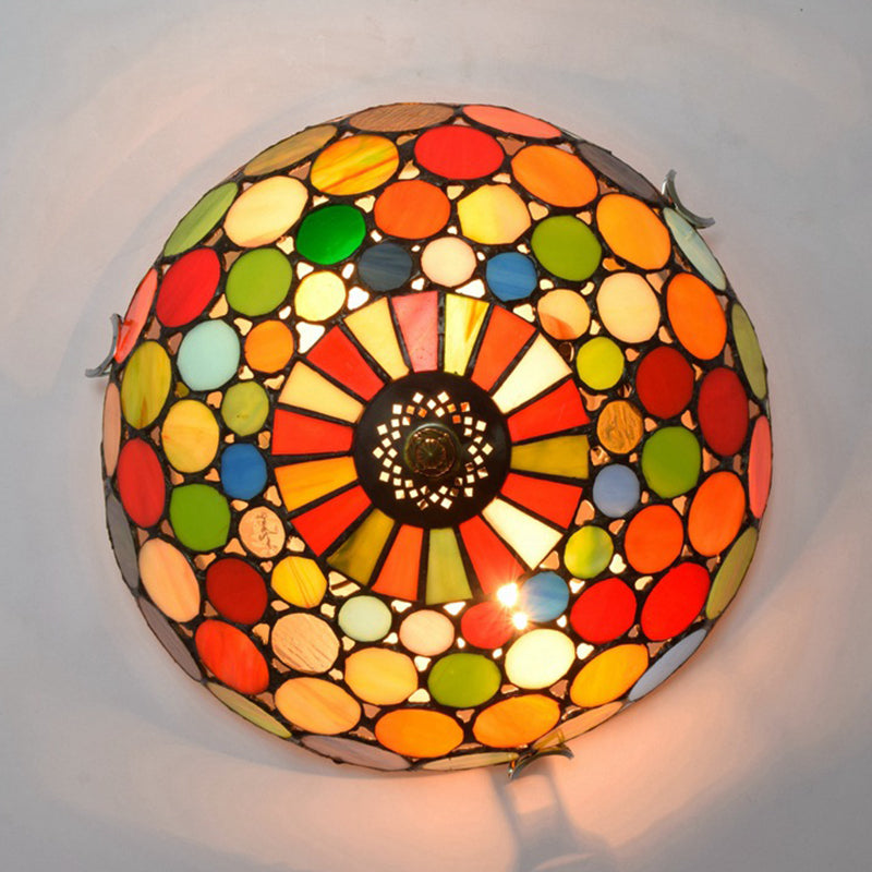 Tiffany Style Red Flushmount Bedroom Light Fixture - 2/3 Lights, Dome Stained Glass Shade, 12"/16" Wide