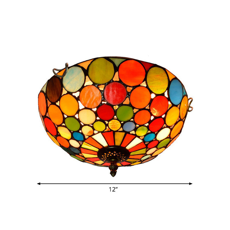 Tiffany Style Red Flushmount Bedroom Light Fixture - 2/3 Lights, Dome Stained Glass Shade, 12"/16" Wide