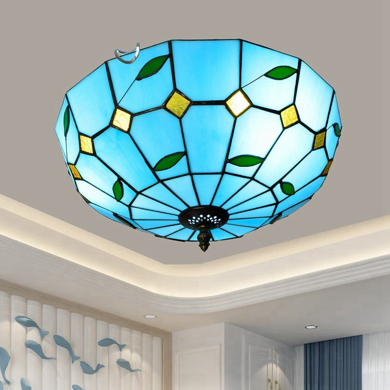 Blue Leaf Flush Ceiling Light Tiffany Stained Glass Lamp - 12"/16" Wide, 2/3 Lights