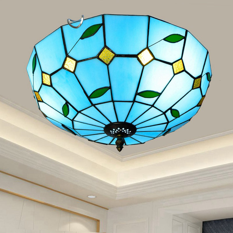 Blue Leaf Flush Ceiling Light Tiffany Stained Glass Lamp - 12"/16" Wide, 2/3 Lights