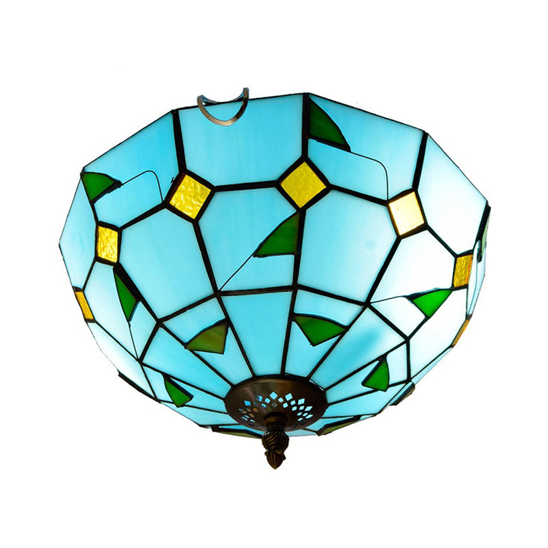 Blue Leaf Flush Ceiling Light Tiffany Stained Glass Lamp - 12"/16" Wide, 2/3 Lights