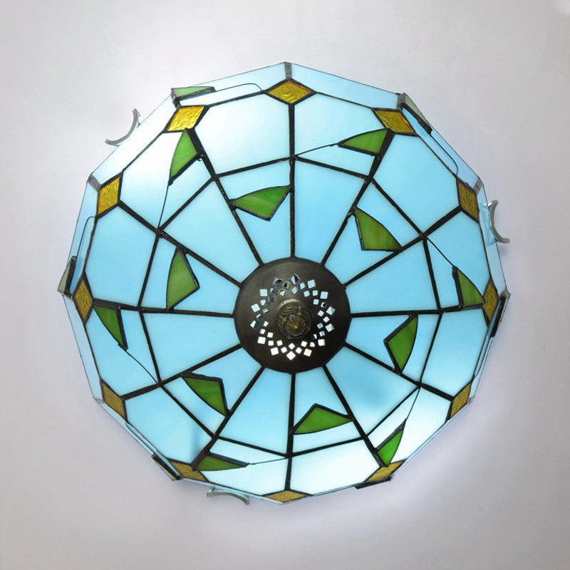 Blue Leaf Flush Ceiling Light Tiffany Stained Glass Lamp - 12"/16" Wide, 2/3 Lights