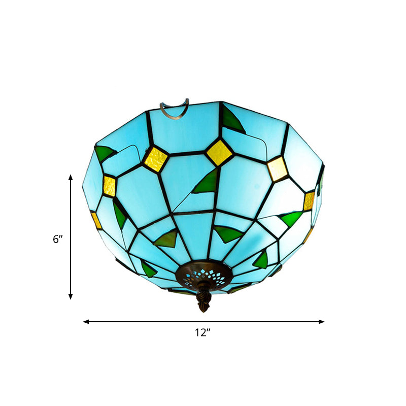 Blue Leaf Flush Ceiling Light Tiffany Stained Glass Lamp - 12"/16" Wide, 2/3 Lights
