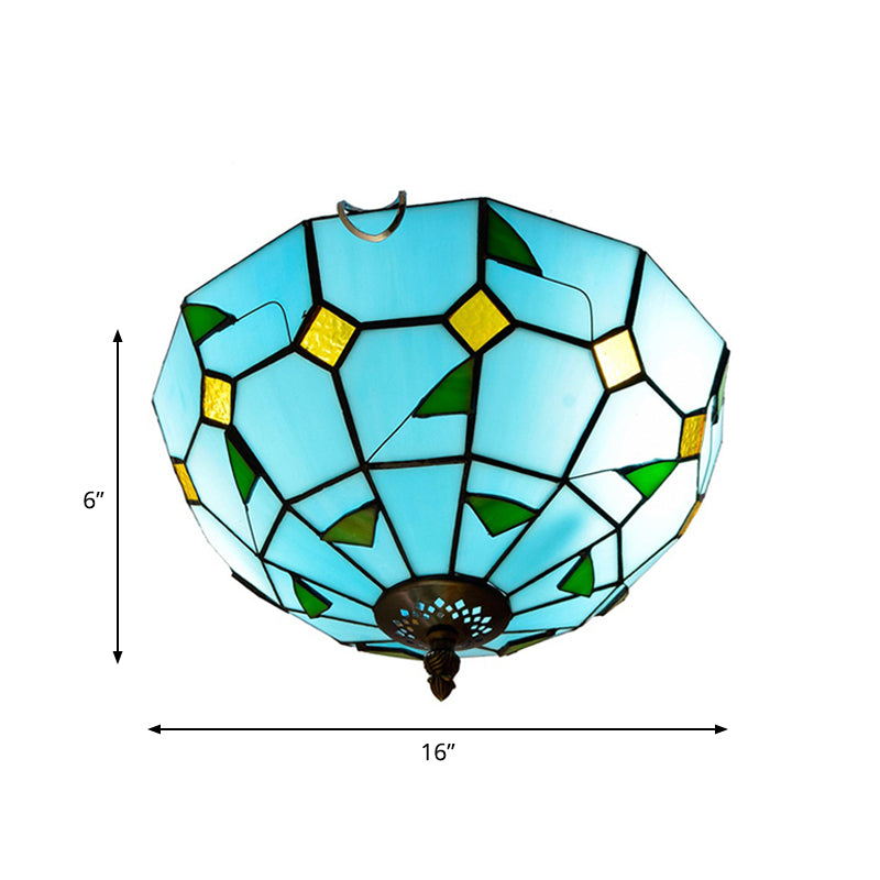 Blue Leaf Flush Ceiling Light Tiffany Stained Glass Lamp - 12"/16" Wide, 2/3 Lights