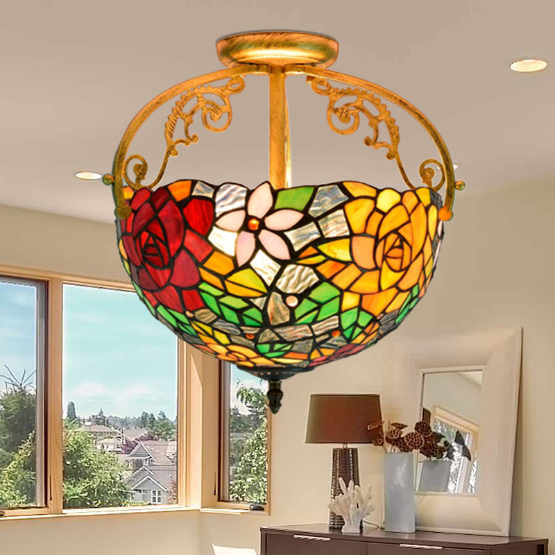 Victorian Style Semi-Flush Cut Glass Ceiling Light Fixture - 2 Lights Floral Bush Design In