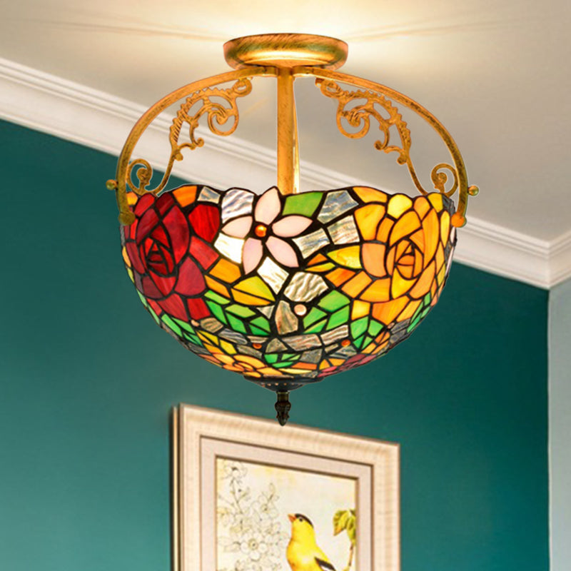 Victorian Style Semi-Flush Cut Glass Ceiling Light Fixture - 2 Lights Floral Bush Design In