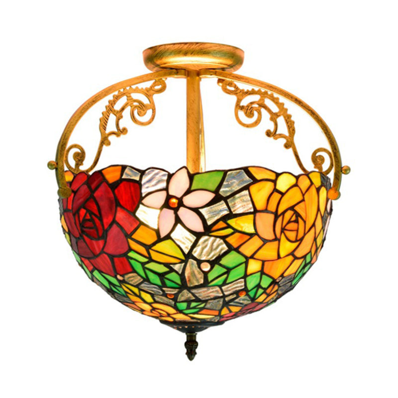 Victorian Red/Pink/Green Cut Glass Semi Flush Light Fixture - 2-Light Floral Bush Ceiling Flush for Corridor