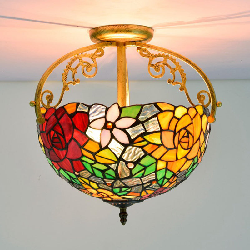 Victorian Style Semi-Flush Cut Glass Ceiling Light Fixture - 2 Lights Floral Bush Design In