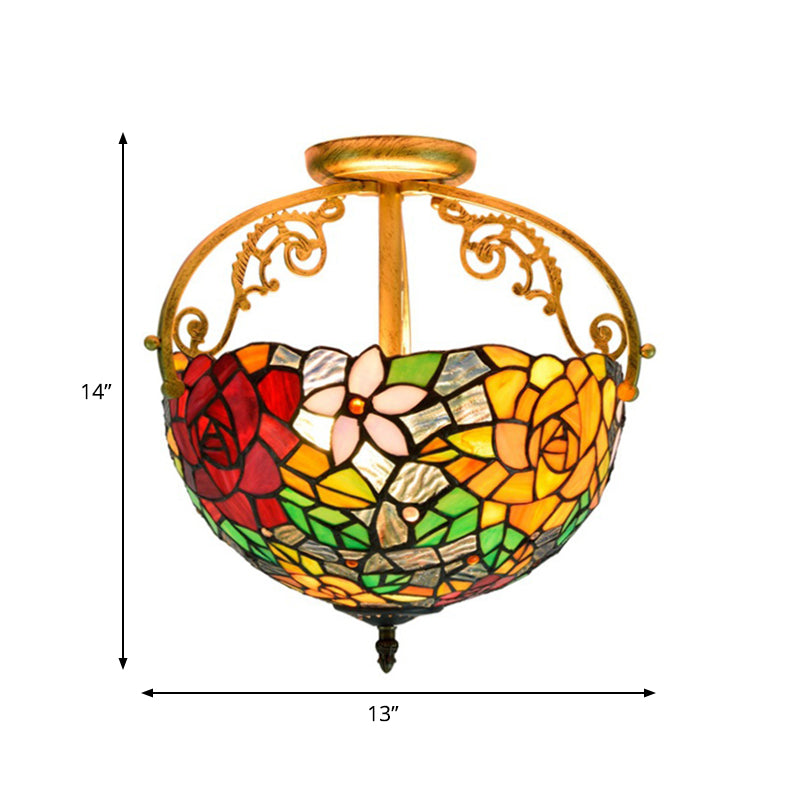 Victorian Style Semi-Flush Cut Glass Ceiling Light Fixture - 2 Lights Floral Bush Design In