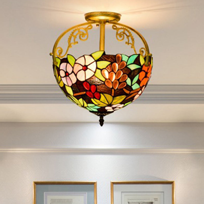 Victorian Style Semi-Flush Cut Glass Ceiling Light Fixture - 2 Lights Floral Bush Design In