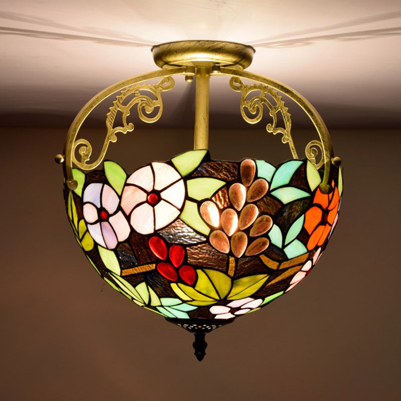 Victorian Style Semi-Flush Cut Glass Ceiling Light Fixture - 2 Lights Floral Bush Design In