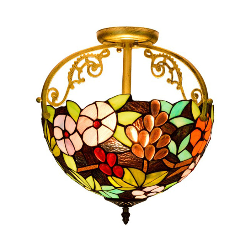 Victorian Style Semi-Flush Cut Glass Ceiling Light Fixture - 2 Lights Floral Bush Design In