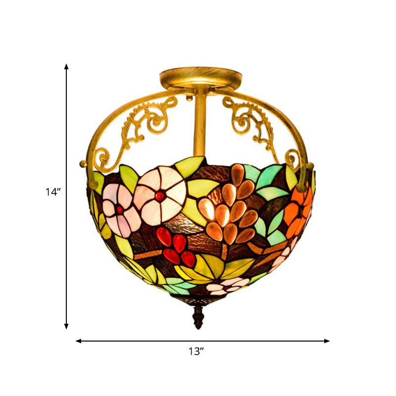 Victorian Style Semi-Flush Cut Glass Ceiling Light Fixture - 2 Lights Floral Bush Design In