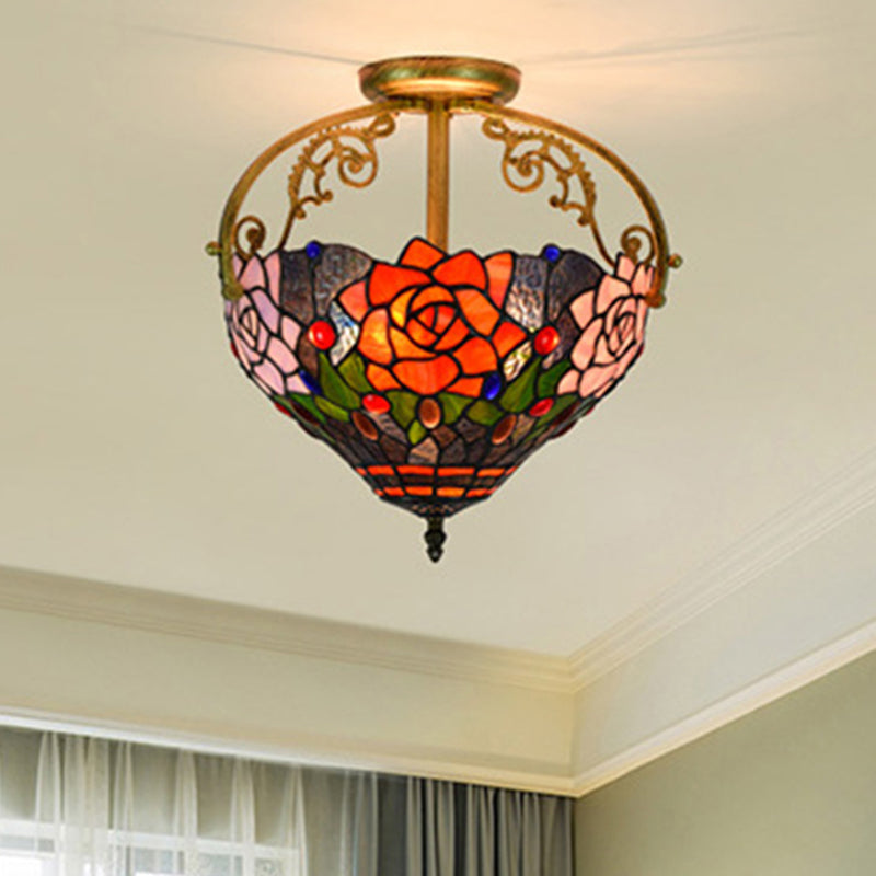 Victorian Style Semi-Flush Cut Glass Ceiling Light Fixture - 2 Lights Floral Bush Design In