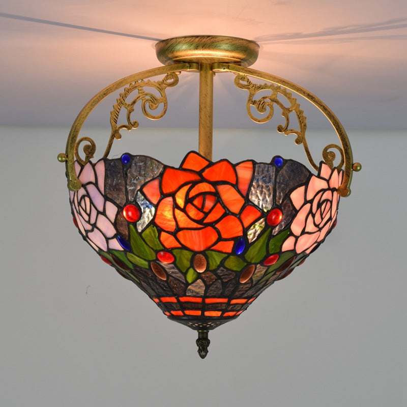Victorian Style Semi-Flush Cut Glass Ceiling Light Fixture - 2 Lights Floral Bush Design In