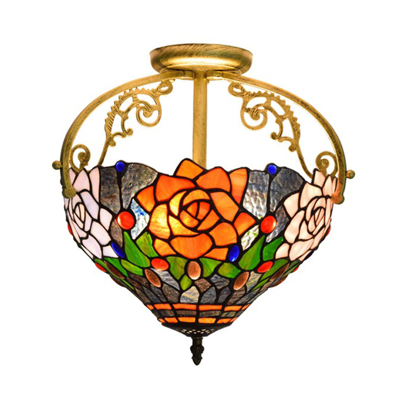 Victorian Style Semi-Flush Cut Glass Ceiling Light Fixture - 2 Lights Floral Bush Design In