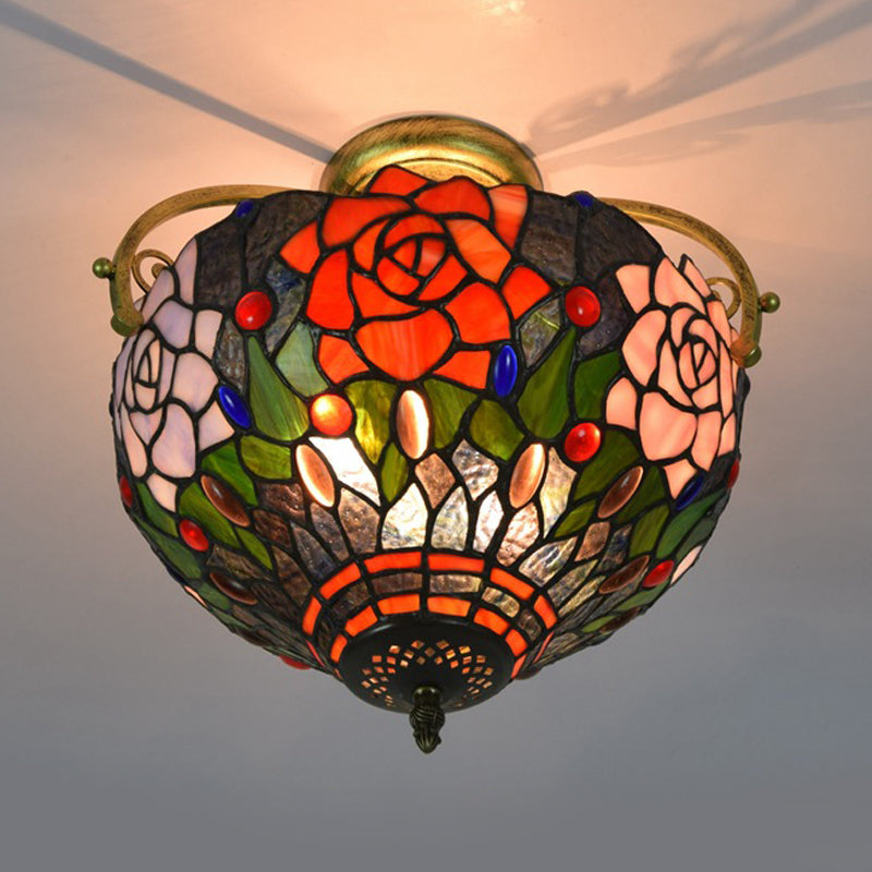 Victorian Style Semi-Flush Cut Glass Ceiling Light Fixture - 2 Lights Floral Bush Design In