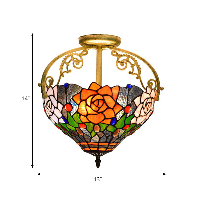 Victorian Style Semi-Flush Cut Glass Ceiling Light Fixture - 2 Lights Floral Bush Design In