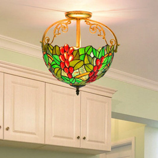 Victorian Red/Pink/Green Cut Glass Semi Flush Light Fixture - 2-Light Floral Bush Ceiling Flush for Corridor