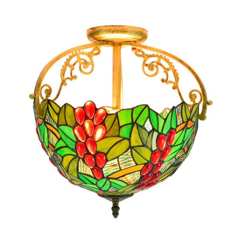 Victorian Red/Pink/Green Cut Glass Semi Flush Light Fixture - 2-Light Floral Bush Ceiling Flush for Corridor