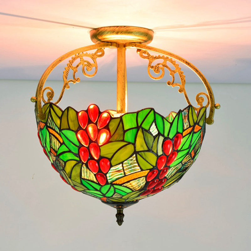 Victorian Red/Pink/Green Cut Glass Semi Flush Light Fixture - 2-Light Floral Bush Ceiling Flush for Corridor