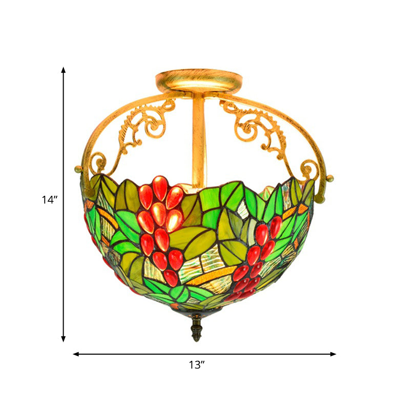 Victorian Red/Pink/Green Cut Glass Semi Flush Light Fixture - 2-Light Floral Bush Ceiling Flush for Corridor