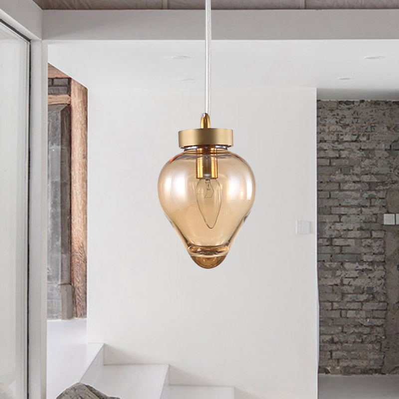 Modernist Gold Urn Pendant Lamp with Amber Glass - Perfect for Dining Room