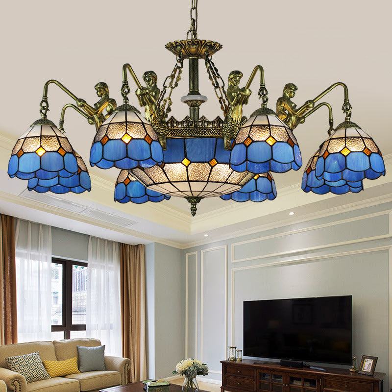 Domed Tiffany Stained Glass Chandelier - White/Antique Brass, 11 Lights