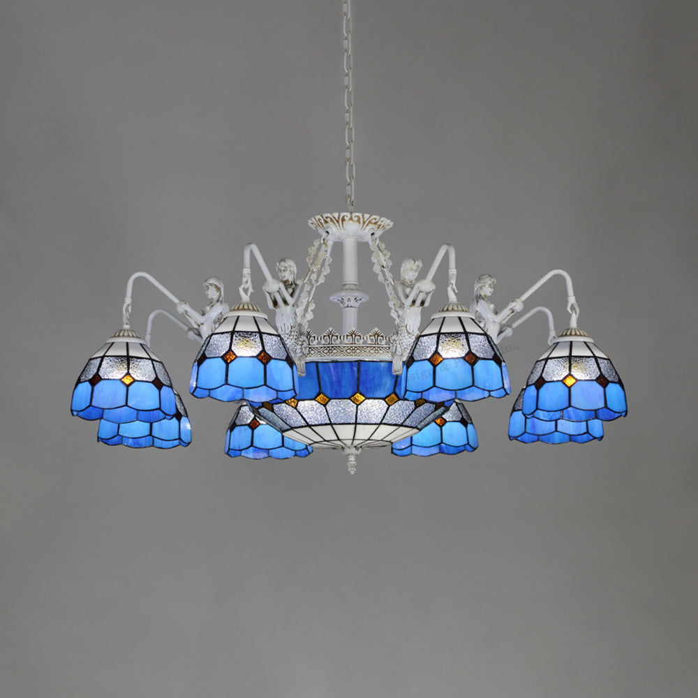 Tiffany Domed Chandelier Lamp - White/Antique Brass 11 Lights Stained Glass Hanging Light