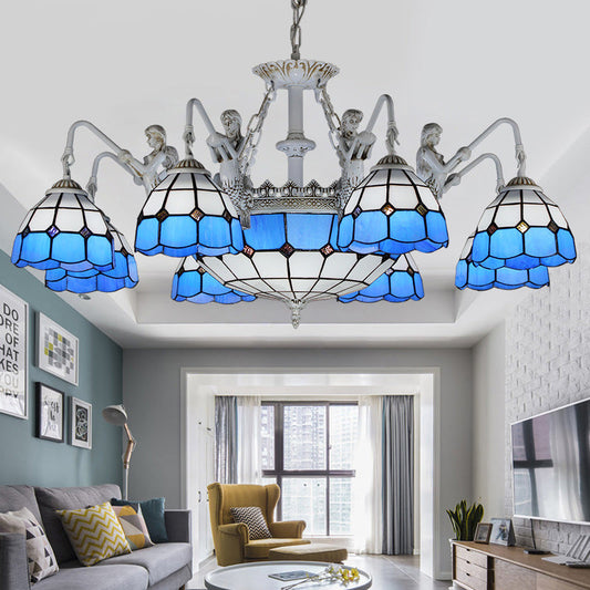 Domed Tiffany Stained Glass Chandelier - White/Antique Brass, 11 Lights
