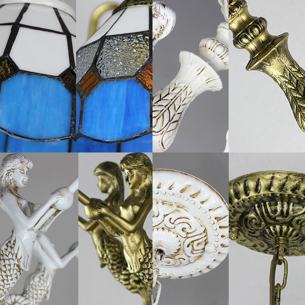 Domed Tiffany Stained Glass Chandelier - White/Antique Brass, 11 Lights
