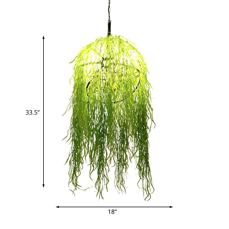 Industrial Green Metal Chandelier with Bell Cage Design and Wicker Ornament, 18"/21.5" Wide - Hanging Ceiling Light with 3 Heads