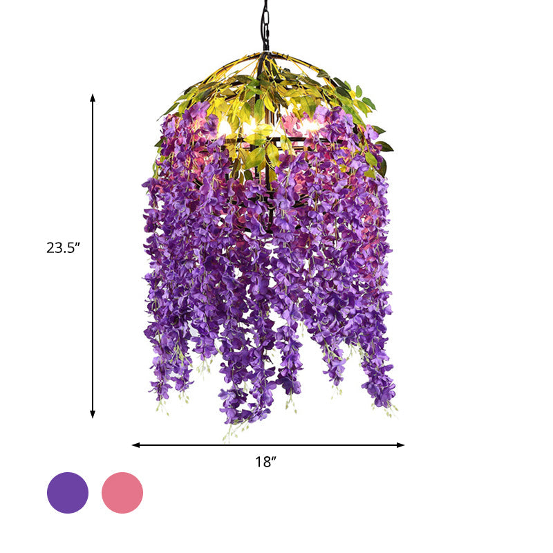 Industrial Metal Dome Pendant Chandelier with Pink/Purple 4/5 Heads, Plant Design - 18"/21.5" Wide