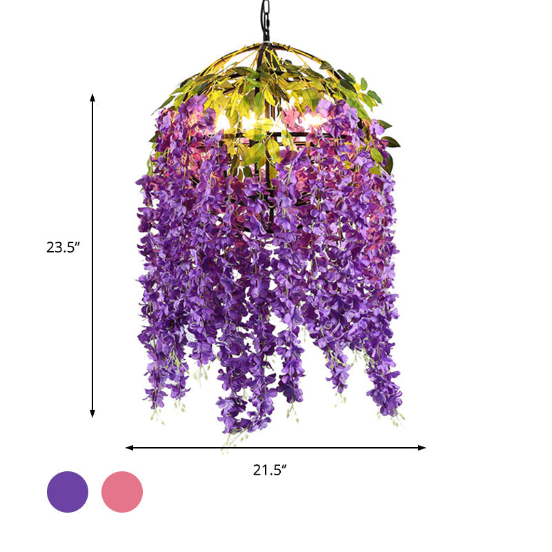 Industrial Metal Dome Pendant Chandelier with Pink/Purple 4/5 Heads, Plant Design - 18"/21.5" Wide