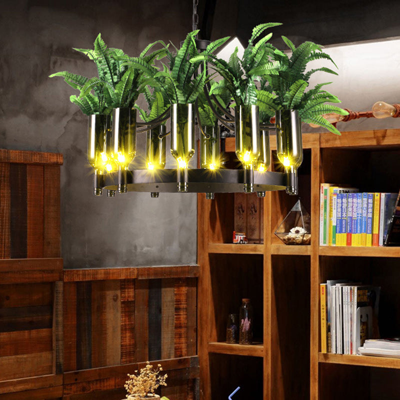 Lustre industriel en métal vert à 10 têtes avec décoration végétale - Plafonnier rond pour restaurant