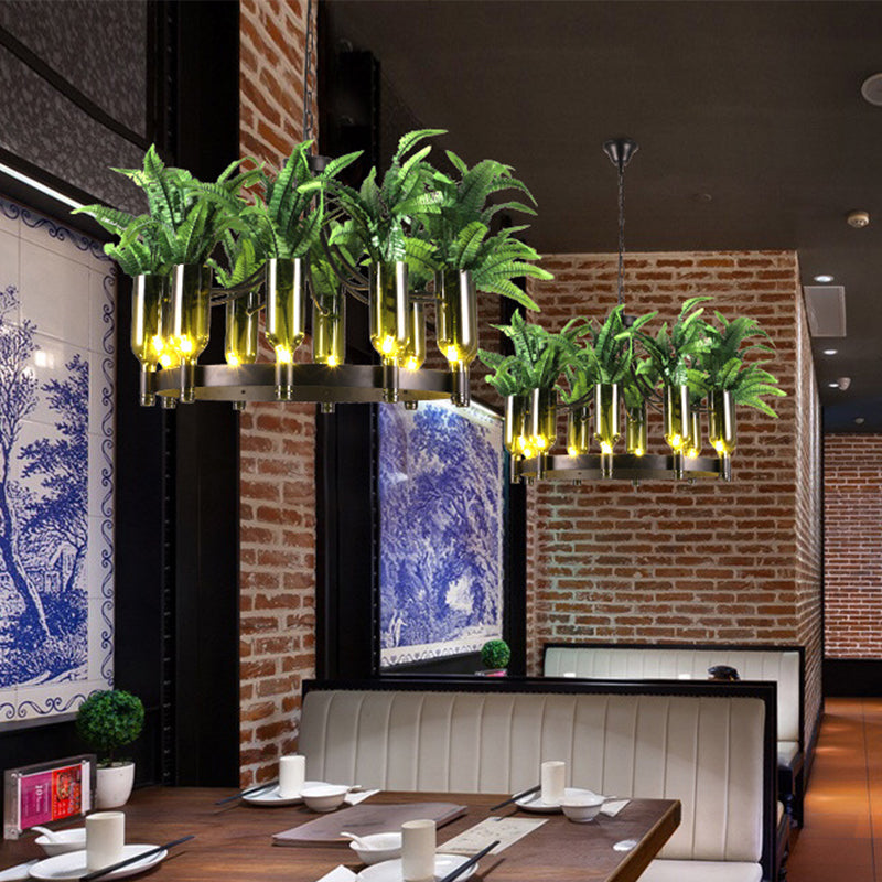Lustre industriel en métal vert à 10 têtes avec décoration végétale - Plafonnier rond pour restaurant